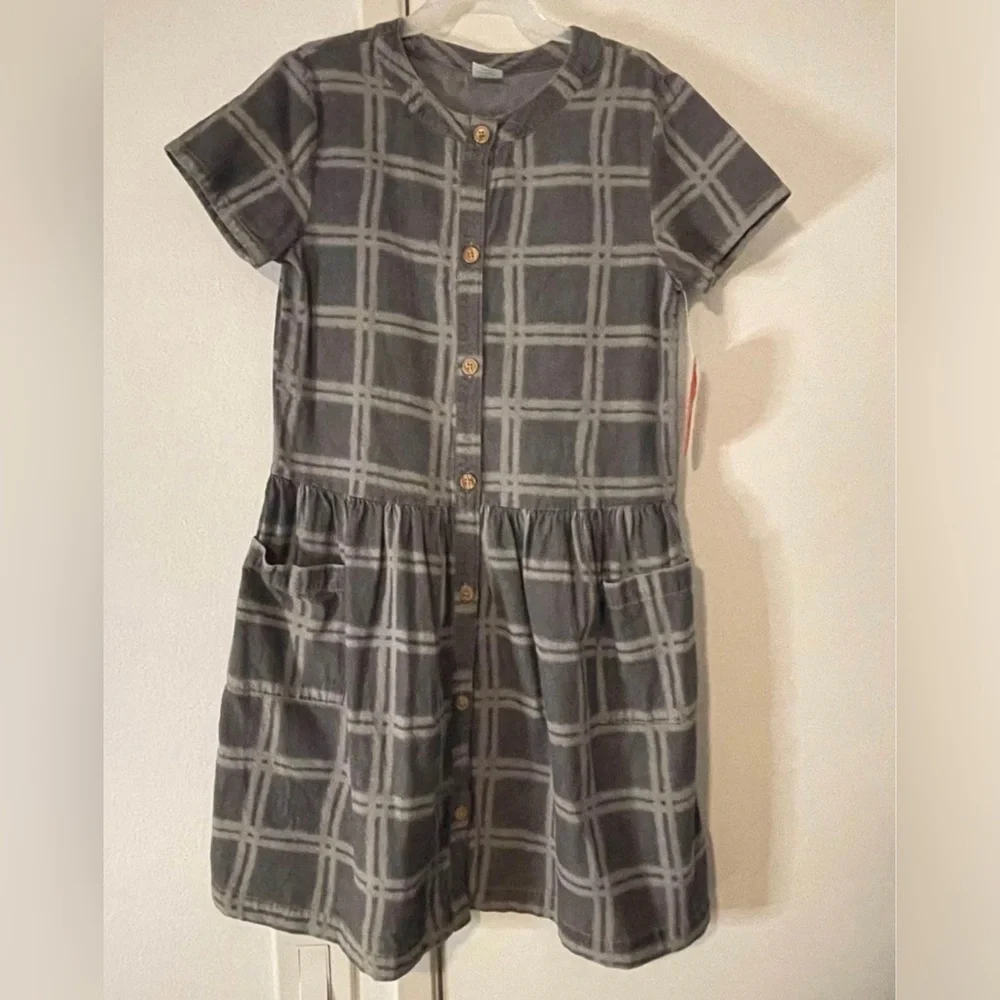 Wonder Nation Girls Large Windowpane Grey Pocket Dress NWT